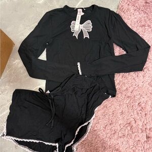Victoria's Secret Black Lace-Trim Long Sleeve Pajama Set with Bow